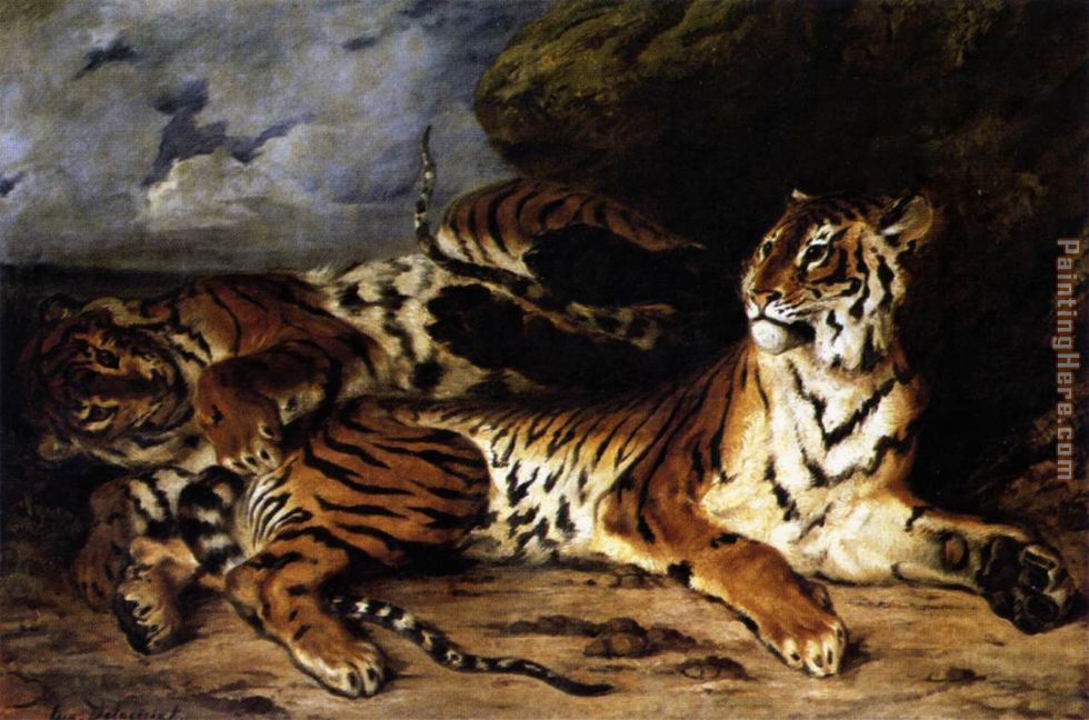 A Young Tiger Playing with its Mother painting - Eugene Delacroix A Young Tiger Playing with its Mother art painting